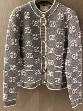 Gucci Grey GG Logo Knit Cardigan Gold Buttons Sweater